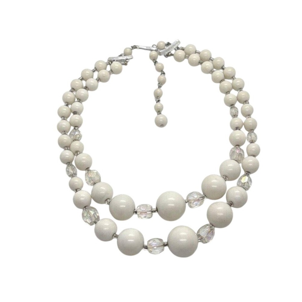 Vintage Japan White Beaded 2 Strand Graduated Bead 14 - 16'' Choker Necklace